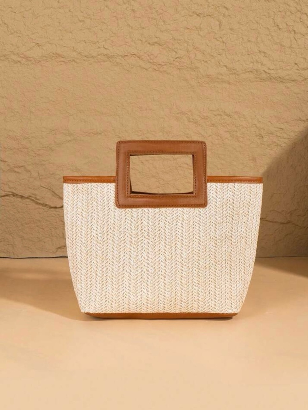 Woven Straw Tote with Tan Leather Trim